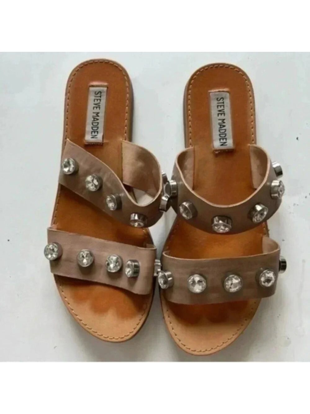 Steve Madden Jessy Rhinestones double strap slip on Leather Tan Sandals…